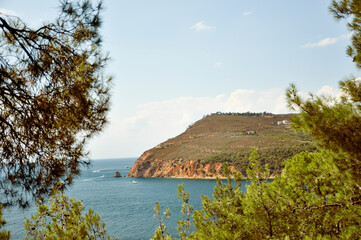 Obraz premium A look throng the trees to Burgazada Island to from Heybeliada Island at Istanbul. Natural Beauty of Prince Islands at Marmara Sea.