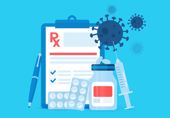 Banner Concept of a prescription form for coronavirus disease. Avoid cod-19. A syringe with different types of tablets and a syringe.