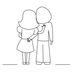 Boy and girl are hugging in the outline. The couple with long hair are standing together.