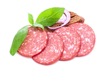 Salami smoked sausage slice pieces isolated on white background. Meat products. Ingredients for the sandwich.
