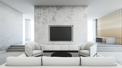 Livingroom design minimal and Loft,White sofa and armchair,Concrete wall,Concrete Floors-3D render