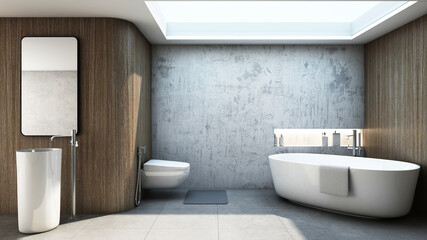 Fototapeta na wymiar Bathroom design Modern and Loft,Wood wall,Bathtub,Concrete wall drill a compartment for shower accessories,The Ceiling drill the channel for sunlight to enter,Concrete floors - 3D render
