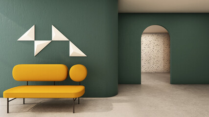 Livingroom room design modern minimal,Green wall,White decoration on green wall,Sofa yellow color,Concrete floors-3D render