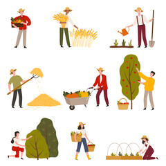 Farmers or Agricultural Workers Cultivating Plants and Gathering Crops Vector Illustration Set