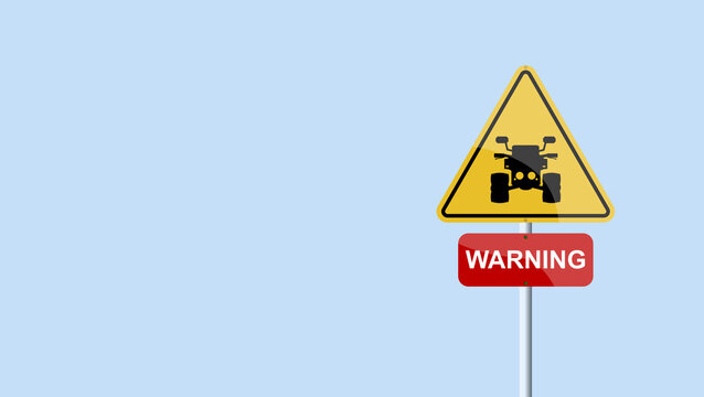 ATVs traffic sign. QUADS, 4WD, AWD, UTV Off-Road. DANGER signaling. Overhead valve engine. OHV. Image of yellow triangle hazard signage. Isolated road signal. 