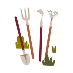 Shovel, Pitchfork and Hoe as Garden and Agricultural Tool Vector Illustration