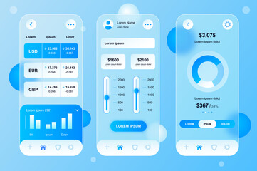 Finance neumorphic elements kit for mobile app. Online banking, currencies, statistics graphs, money in account. UI, UX, GUI screens set. Vector illustration of templates in glassmorphic design