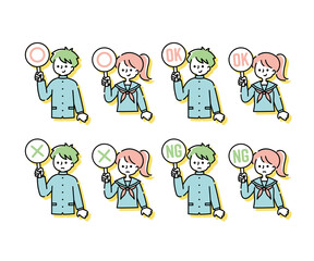 学ラン・セーラー服（冬服）を着た学生が○×パネルを挙げているイラスト（上半身）