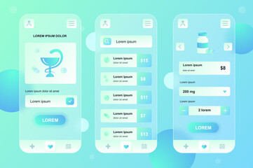 Medical services neumorphic elements kit for mobile app. Online pharmacy, list of medicines with prices, payment. UI, UX, GUI screens set. Vector illustration of templates in glassmorphic design