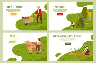 Organic Farming and Local Food Landing Page Template with Farmers Harvesting, and Cultivating Plants and Livestock Vector Set