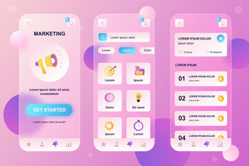 Marketing neumorphic elements kit for mobile app. Professional marketing tools, newsletter, targeting, data analysis. UI, UX, GUI screens set. Vector illustration of templates in glassmorphic design