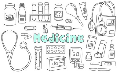 Medicine set doodle hand drawn pills collection with lettering in vector. Medical and healthcare concept