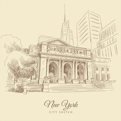 Sketch of a classic building and skyscrapers in the background, New York, USA, hand-drawn.
