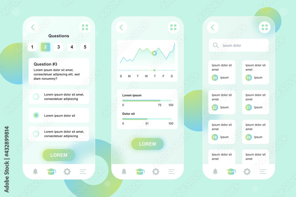 Aufkleber Online learning neumorphic elements kit for mobile app. Online exam form, study progress graph, course list, education. UI, UX, GUI screens set. Vector illustration of templates in glassmorphic design
