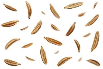 Fotobehang Falling caraway seeds isolated on a white background, top view. Cumin seeds in the air on a white background. Set of cumin seeds in the air. Caraway grains isolated on white background. © aneriksson