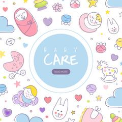 Cute Baby Care Webpage Cover Template Vector Illustration