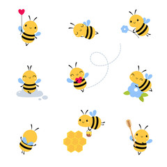 Cute Honey Bee Set, Lovely Flying Insects Cartoon Characters Vector Illustration
