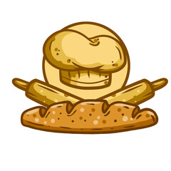 Logo of bakery. Loaf of bread. Kitchen utensils - Rolling pin. Preparation of the dough. Wooden stick and chef hat. Retro emblem. Cartoon illustration.