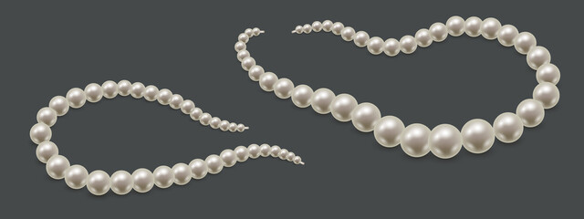 Pearl necklace or bracelet isolated. Precious white pearl beads, luxurious jewelry. Vector illustration - obrazy, fototapety, plakaty