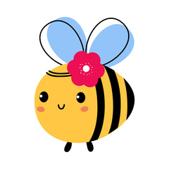 Adorable Honey Bee with Pink Flower on her Head, Cute Flying Insect Character Cartoon Vector Illustration