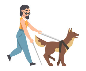 Blind Girl in Glasses Walking with Seeing Eye Dog on Leash, Trained Animal Helping Disabled Person, Rehabilitation, Handicapped Accessibility Concept Cartoon Vector Illustration