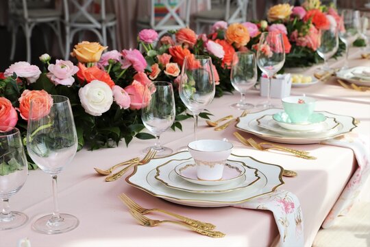 Table set up for bridal shower on bright summer day with flowers and vintage tea cups on each plate