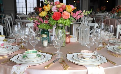 Table set up for bridal shower on bright spring day with flowers in the middle and vintage tea cups on each plate