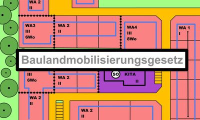 Baulandmobilisierung, neues Gesetz zur Schaffung von Wohnraum in Deutschland, Mai 2021 Bebauungsplan eines fiktiven Baugebiets, Zersiedelung, Wohnraumschaffung, Neubau, Wohnraummangel, Außenbereich