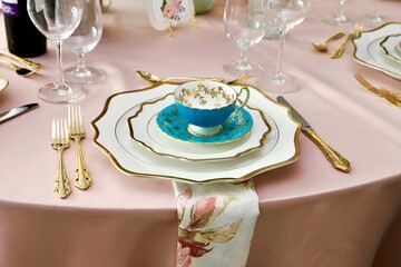 Close up of table set up for bridal shower, vintage tea set and floral napkins
