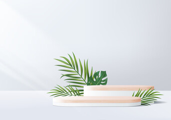 3d gray background product display wood podium with leaf geometric platform. grey background vector 3d render with podium. wood stand to show cosmetic product. Stage showcase on pedestal white display