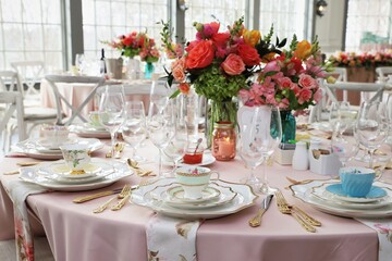 Table set up for bridal shower on bright spring day with flowers in the middle and vintage tea cups on each plate