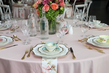 Table set up for bridal shower on bright summer day with flowers and vintage tea cups on each plate
