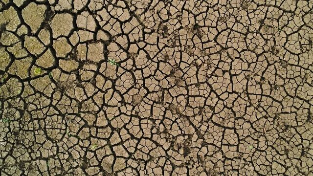 Aerial top view of the ground during the dry season. Shot. Drought concept, deep cracks in soil, lack of moisture.