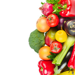 vegetables and fruits isolated on a white background. Free space for text.