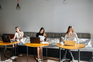A group of young girls sit in an office and work at computers. Communication and training online.