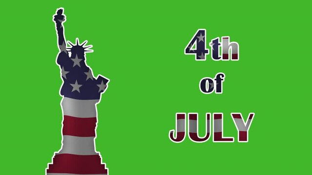 Statue of Liberty and inscription 4th of july with waving flag in the interior isolated on green background for chroma key. Patriotic concept for USA Independence Day.