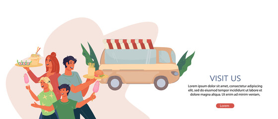 Flyer or banner template with happy family buying meal at truck fast food cafe, flat vector illustration isolated on white background. Family eating at fast food cafe on wheels or street festival.