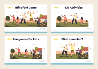 Active funny family games outdoors concept of set of landing pages with kids and parents playing