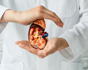 Medical care of kidney disease. Doctor holding anatomical model of kidneys in hands