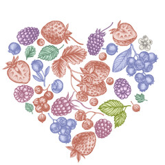 Heart design with pastel strawberry, blueberry, red currant, raspberry, blackberry