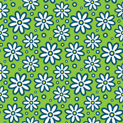 Beautiful white chamomile flowers isolated on a green background. Cute floral seamless pattern. Vector simple flat graphic illustration. Texture.
