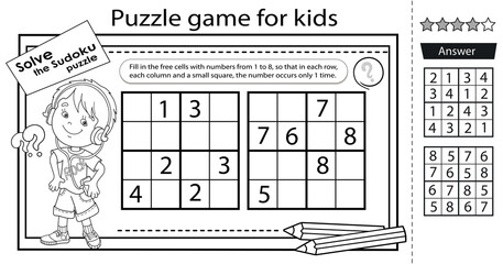 Sudoku puzzle. Logic puzzle for kids. Education game for children. Boy with headphones. Coloring Page. Worksheet vector design for schoolers.