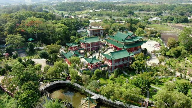 Wun Chuen Sin Koon Taoist temple in Hong Kong Ping Che area, Aerial view.