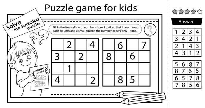 Solve the sudoku puzzle together with the boy. Logic puzzle for kids. Education game for children. Coloring Page. Worksheet vector design for schoolers.