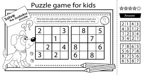Solve the sudoku puzzle together with the fun dog. Logic puzzle for kids. Education game for children. Coloring Page. Worksheet vector design for schoolers.