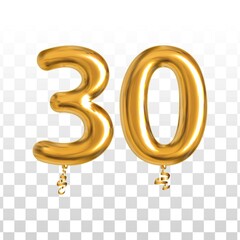 Vector realistic isolated golden balloon number of 30 for invitation decoration on the transparent background. - obrazy, fototapety, plakaty