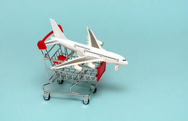 White plane on a basket. The concept of traveling and buying plane tickets.