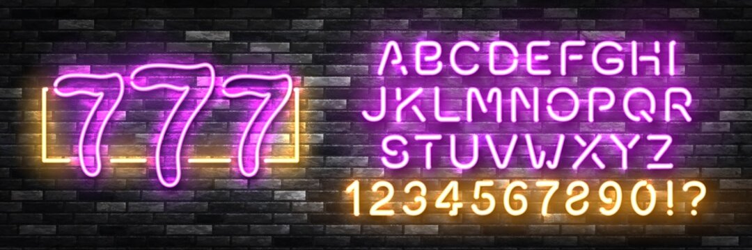 Vector realistic isolated neon sign of 777 slots with easy to change color alphabet font logo for template decoration and covering on the wall background.