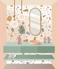 Modern bathroom design with terrazzo tile. Trendy bathroom interior vector illustration