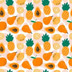 Seamless pattern with fruits pineapples, lemons, papaya, pear, orange on white background. Cute vector background.